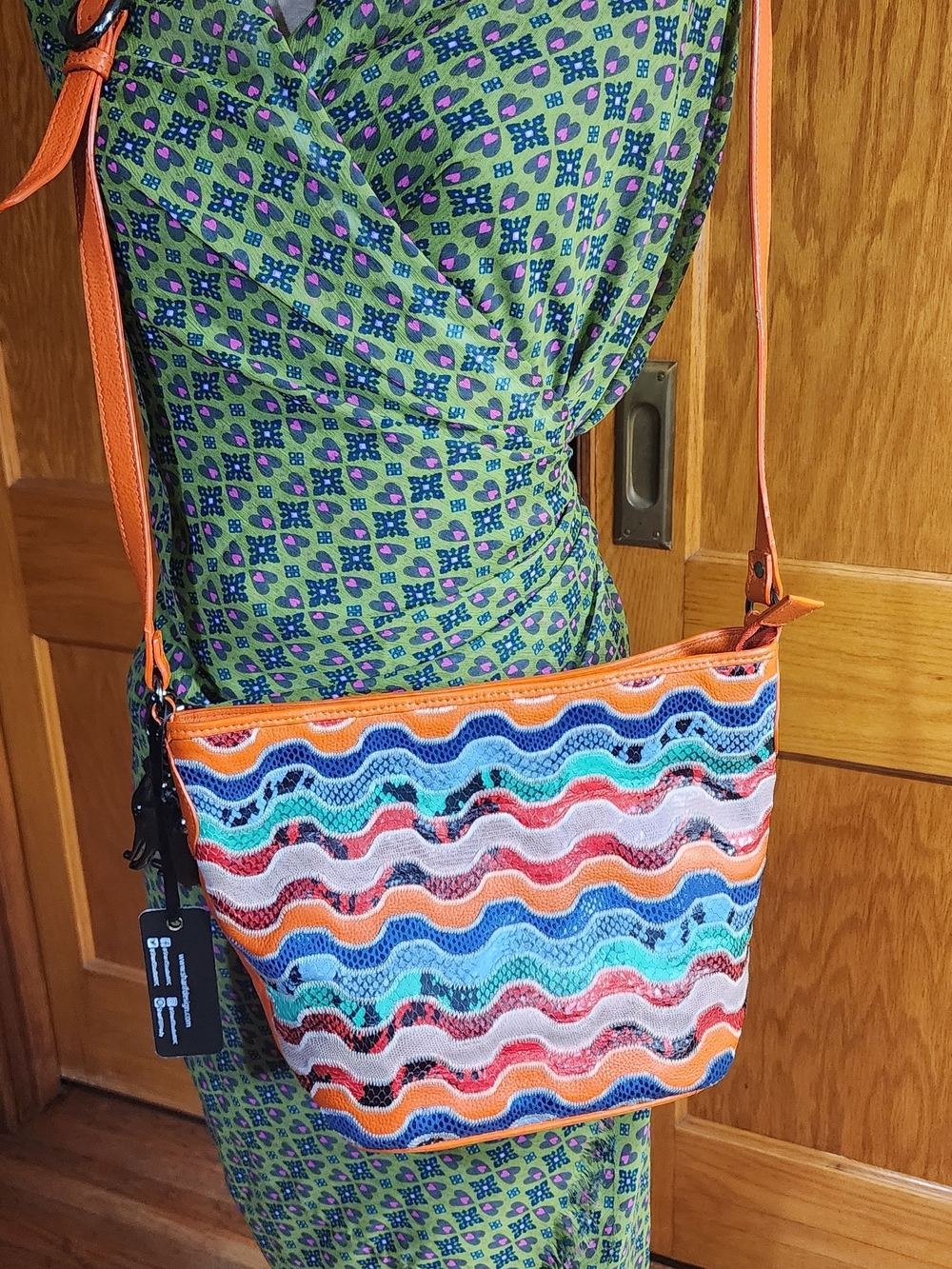 Sharif Multicolor Wavy Stripe Crossbody with Orange Trim
